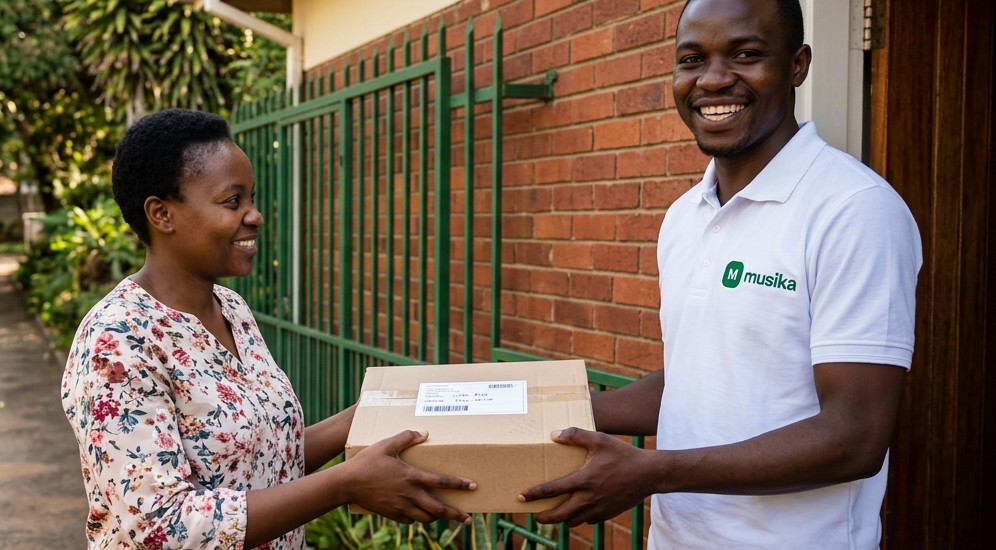 Musika delivery worker in a white logo shirt handing a parcel to a customer